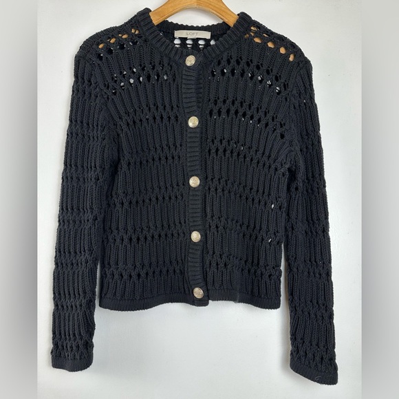 LOFT Women’s XS Black Open Stitch Knit Cardigan Button Front Sweater Crew Neck - Picture 2 of 12